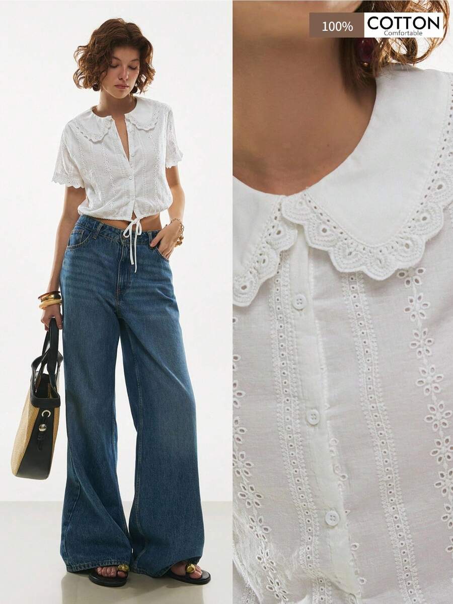 Poéselle Women's Cotton Mesh Embroidered Lace-Up Button Blouse,White Top,Cotton Shirt,Elegant Valentine, Vacation,Summer Tops,Spring/Summer Blouse Summer, White Cropped Blouse - White - View 1