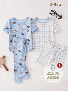 SHEIN GraphicGems Bộ đồ ngủ 4 món ôm sát cho bé trai, áo tay ngắn in hình chó hoạt hình dễ thương và quần dài, áo tay ngắn in họa tiết kẻ caro và quần short, bộ đồ ngủ. - Nhiều màu - Xem 4