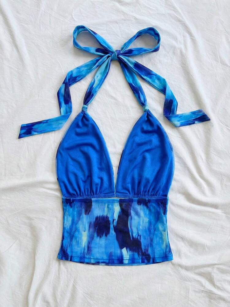 SHEIN WYWH Regata Feminina Verão Versátil com Decote Halter, Amarração e Costas Abertas em Cores Contrastantes - Azul - Visão 2