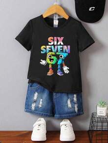 SHEIN Streecool Kids 男童休闲舒适时尚简约创意彩色“67”数字字母图案基础款短袖T恤，适合户外、运动、派对等场合。 - 黑色 - 查看 3