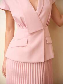 ZEYLAH Elegant Lady's V-Neck Pleated A-Line Midi Dress, Light Pink, Spring/Summer - Dusty Pink - View 2