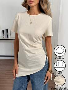 Elyressa 纯色圆领褶裥不对称下摆优雅短袖衬衫 - 杏色 - 查看 3