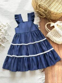 Vintaside Kids 女童夏季中码粉蓝色花园A字连衣裙。肩带的荷叶边设计巧妙可爱，增添了整体的甜美感和层次感。适合假日海滩玩耍、郊游、居家休闲、婚礼、生日、派对表演等各种场合。 - 藍色 - 查看 3