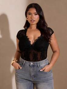 SHEIN BAE 大码女士时尚性感棕色蕾丝V领连体衣 - 黑色 - 查看 5
