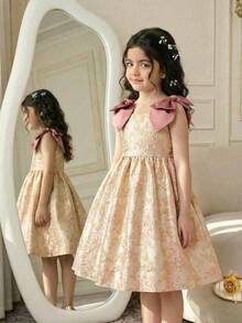 Đầm không tay thanh lịch dành cho bé gái tuổi teen, chất liệu jacquard họa tiết hoa, có nơ ở vai. - Vàng - Xem 3