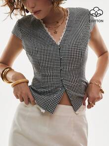 Poéselle 女士格子印花短袖衬衫 - 黑與白 - 查看 9