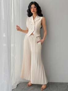 DAZY 女士休闲纯色西装领背心和阔腿裤两件套，夏季 - 杏色 - 查看 6