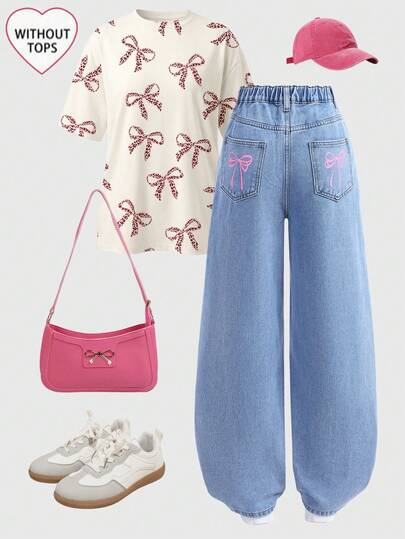 SHEIN Teen GirlPink Bow Decor Blue Denim Loose Fit Pants