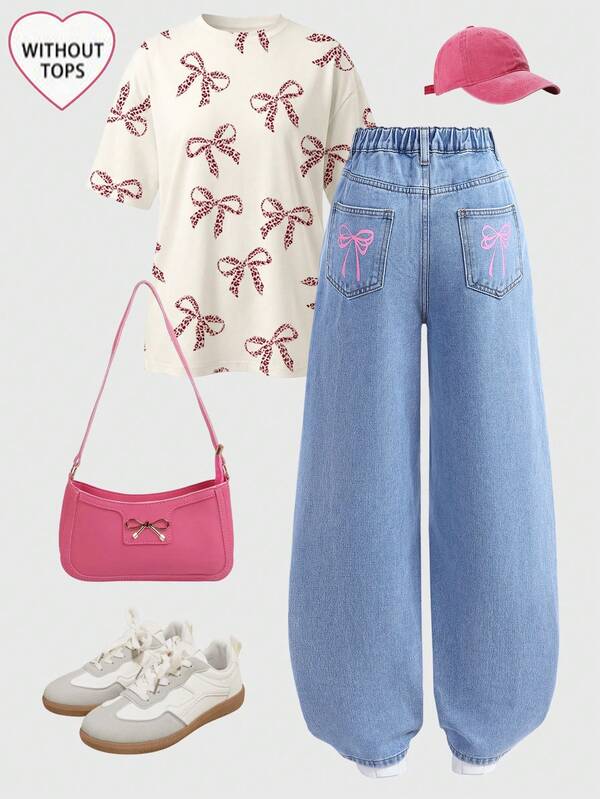 SHEIN 少女粉色蝴蝶结装饰蓝色牛仔宽松裤