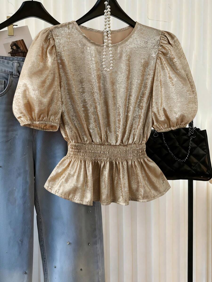 GlowEve Women's Metal Texture Round Neck Short Puff Sleeve Gathered Waist Blouse - Gold - View 1
