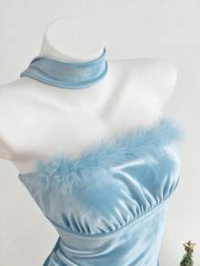 Elamini 女士迷你连衣裙，黑色天鹅绒拼接，毛绒褶皱修身不对称下摆，领口系带，性感百搭，适合圣诞节、约会、派对等场合。 - 淺藍色 - 查看 1