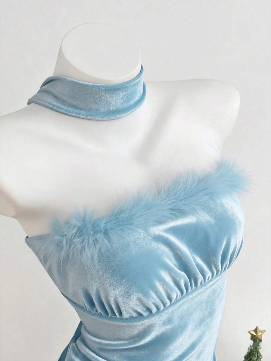 Elamini 女士迷你连衣裙，黑色天鹅绒拼接，毛绒褶皱修身不对称下摆，领口系带，性感百搭，适合圣诞节、约会、派对等场合。 - 淺藍色 - 查看 1