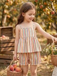 SHEIN Vintaside Kids Bộ áo hai dây và quần short kẻ caro xanh dương in hình quả anh đào dành cho bé gái, trang phục mùa hè tươi mát và thoải mái. - Nhiều màu - Xem 5