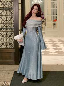 DAZY Đầm dài trễ vai xếp ly dành cho nữ, có lớp lót giữ nhiệt, thích hợp cho mùa tựu trường và các dịp trang trọng. - Xám Xanh - Xem 5