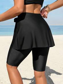 Swim Mulvari New Summer Women's Tie Waist Skirt Shorts, Black Casual Vacation Swimwear Bottom - Black - View 2