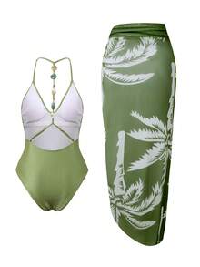 SHEIN Swim Olive Green,Summer,Tropical,Beach,Vacation,Holiday 2-Piece Set: Knit Jacquard Wireless Cami Backless Halter Top Beaded Swimsuit & Printed Mesh Skirt - Green - View 7