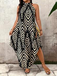 SHEIN Tall CURVE Plus Size Women Summer Zip Collar Sleeveless Striped Casual Elegant Dress - Multicolor - View 7