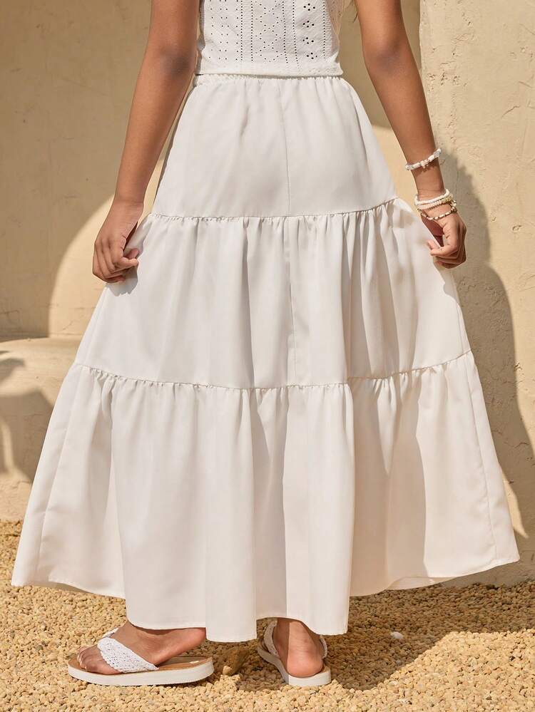 Tween Girl Solid Color Drawstring Waist Ruffle Hem Casual Vacation Skirt - White - View 2