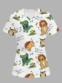 Poshira Casual Cartoon Animal Print Scrub Uniform Top - Multicolor - View 6