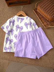 两件套少女休闲蝴蝶印花短袖上衣和短裤套装，适合夏季，经典可爱，是度假和户外活动的理想之选 - 彩色 - 查看 3