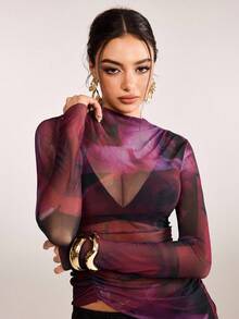 plantica Casual Sexy Urban Chic Minimalist Fashion Women's Black Long Sleeve Fitted Semi-Sheer Mesh Floral Print Blouse, Suitable For Outings, Travel, Dates, Parties, Holidays, Valentine's Day, Spring/Summer,Going Out,Sexy, Elegant,, Wedding Guest, Music Festival, Musician, Night Club - Black - View 6