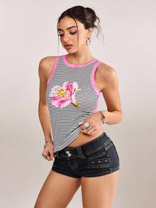 plantica Casual Sexy Urban Chic Floral & Striped Lace Patchwork Camisole Top, Suitable For Outings, Travel, Dates, Parties, Holidays, Valentine's Day, Spring/Summer,Going Out,Sexy, Elegant,, Wedding Guest, Music Festival, Musician, Night Club - Multicolor - View 4