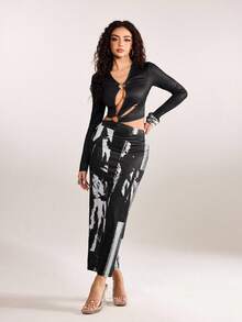 plantica Casual Sexy Urban Chic Minimalist Fashion Women's Black Printed Bodycon Long Sleeve Deep V Metal Buckle Structured Dress, Suitable For Outings, Travel, Dates, Parties, Holidays, Valentine's Day, Spring/Summer,Going Out,Sexy, Elegant,, Wedding Guest, Music Festival, Musician, Night Club - Black - View 5