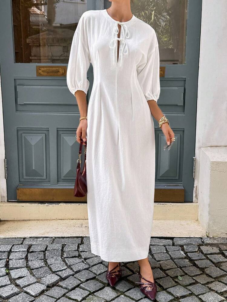 Siren Gaze Business Casual Woman Wedding Guest Dress Women  All White Party Outfit Women   Women's Maxi Dress, White Maxi Dress Old Money Style Wome Teacher Outfits For Women Solid Color, Long Sleeves, Tie-Up Simple And Stylish, Suitable For Summer Ladies Summer Wear Women's Summer Simple Solid Color Front Tie Waist Dress New Year Casual White - White - View 7