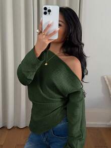 Siren Gaze Women's Casual Solid Color Textured Oblique Shoulder Long Sleeve Top, Autumn - Army Green - View 3