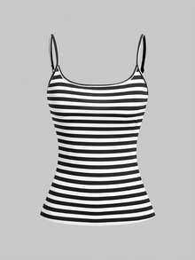 SHEIN Essnce 女士三件套休闲吊带背心套装，黑色条纹混色休闲女式上衣，修身吊带背心，夏季上衣，夏季服装，女士上衣，夏季女士上衣，三件套修身休闲纯色上衣 - 杏色 - 查看 5