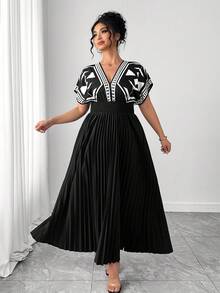 Elenzga Đầm nữ thanh lịch ôm dáng, thiết kế thắt eo, xếp ly co giãn, họa tiết hoa đen, đầm hè chất lượng cao. - màu đen - Xem 7