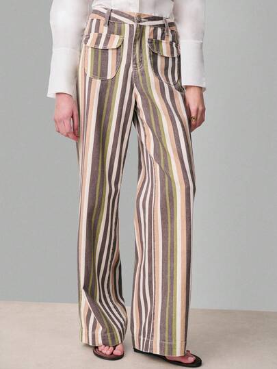 Nöista Soft Structured Trousers Featuring Vertical Multicolor Stripes, High-Rise Waist, Relaxed Wide-Leg Fit, And Front Patch Pockets For A Vintage-Inspired Touch. Designed For Comfort And Effortless Style-Perfect For Everyday Wear, Casual-Chic Outfits, Weekend Looks, And Transitional Seasons.