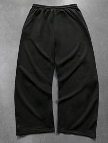 Manfinity Roghcode 男士抽绳腰带字母刺绣休闲百搭运动裤，适合秋冬季日常穿着；男士侧条纹阔腿运动裤 - 黑色 - 查看 3