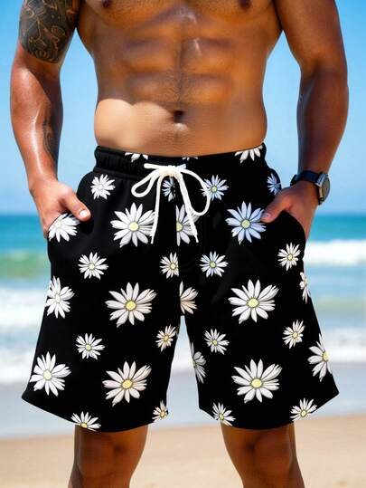 Manfinity Swimmode Herren Strandshorts mit Gänseblümchen-Muster und Kordelzug in der Taille