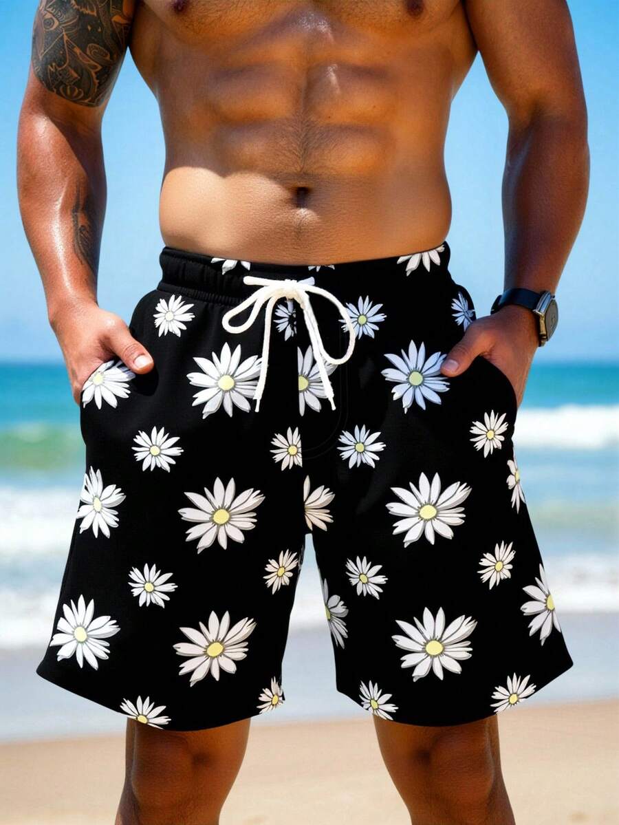Manfinity Swimmode 男士雏菊印花抽绳腰带沙滩短裤 - 黑色 - 查看 1