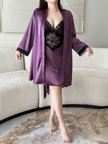 Dazy Plus 2pcs Elegant Contrast Lace Sexy Nightgown & Robe Set, Plus Size Women Sleepwear Pajamas - Purple - View 6