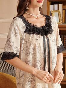 PalaceNights Áo ngủ tay ngắn kiểu cung đình dành cho nữ, họa tiết hoa, viền ren tương phản. - Màu be - Xem 6