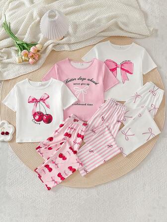 6pcs Girls Cherry & Heart Butterfly Print Pajama Set, Casual Homewear Pjs For Girls Disneyland Matching Pajama Set Bows For Kids 2 Piece Pajama Set For Girl Tween Girl Girls Lounge Sets Pajamas Set For Girls Big Sister