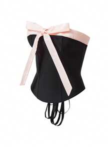EasyFave Fashionable Sexy Crop Top With Contrasting Color Big Bow And Fishbone Design, Waist Cinching, Tie Back - Black - View 4