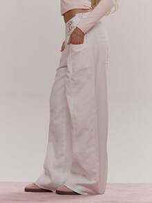 MUSERA Chi tiết cạp quần đôi, đường may xếp ly phía trước, quần ống rộng, dễ thương, nữ tính, gợi cảm, thích hợp mặc đi chơi hàng ngày vào mùa xuân đông. Sugar Swizzle - Màu be - Xem 3