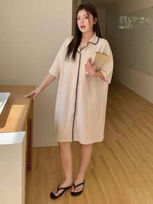 Dazy Plus 大码秋季舒适猫咪刺绣前扣宽松睡裙 - 杏色 - 查看 7