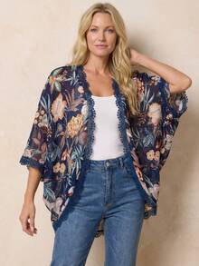 EMERY ROSE Tropical Print Contrast Lace Batwing Sleeve Kimono Summer - Multicolor - View 2