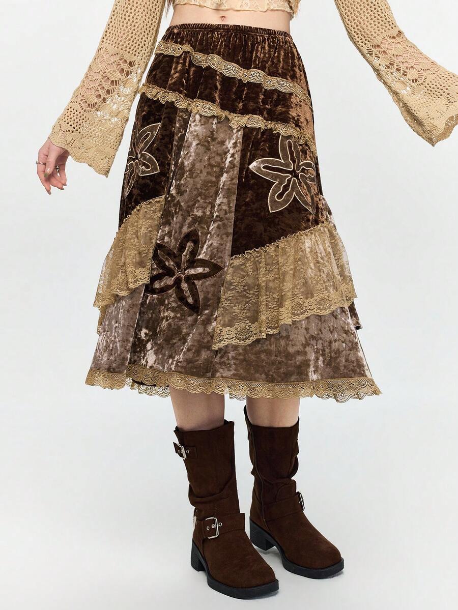 ROMWE Fairycore 仙女风天鹅绒撞色蕾丝中长裙 - 彩色 - 查看 1