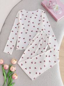 SHEIN 女童碎花蕾丝边圆领长袖睡衣套装 - 彩色 - 查看 2