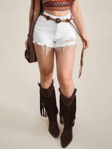 SHEIN Tall Women's Casual Solid Color Distressed Frayed Hem Fitted Denim Shorts, Summer - White - View 7