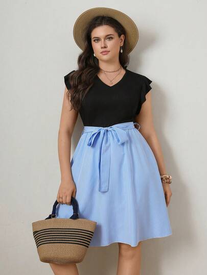 Zelara 大码女式夏季休闲度假条纹印花V领荷叶边袖口系带连衣裙