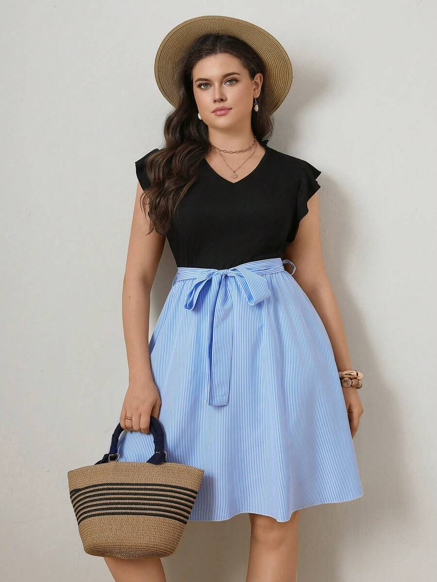 Zelara Abito estivo casual da donna taglie forti, a righe, scollo a V, con volant sulle maniche e vita annodata - Multicolore - Visualizzare 1