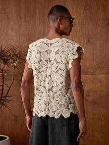 AKNOTIC Business Casual 男士针织钩编花卉图案宽松无袖针织背心，适合夏季、度假、休闲穿着、派对、情侣装，男士礼物 - 白色 - 查看 8