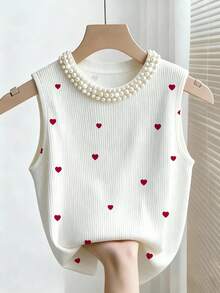 Franclia Elegant Fitted Round Neck Beaded Heart Ribbed Casual Tank Top For Women - White - View 1