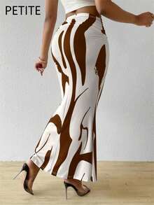 SHEIN PETITE Women's Summer Abstract Striped Print Ruched Fishtail Hem Vacation Brown Skirt - Coffee Brown - View 2